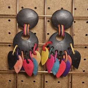 Vintage Oversized Boho Wood Multicolor Dangle Clip On Earrings